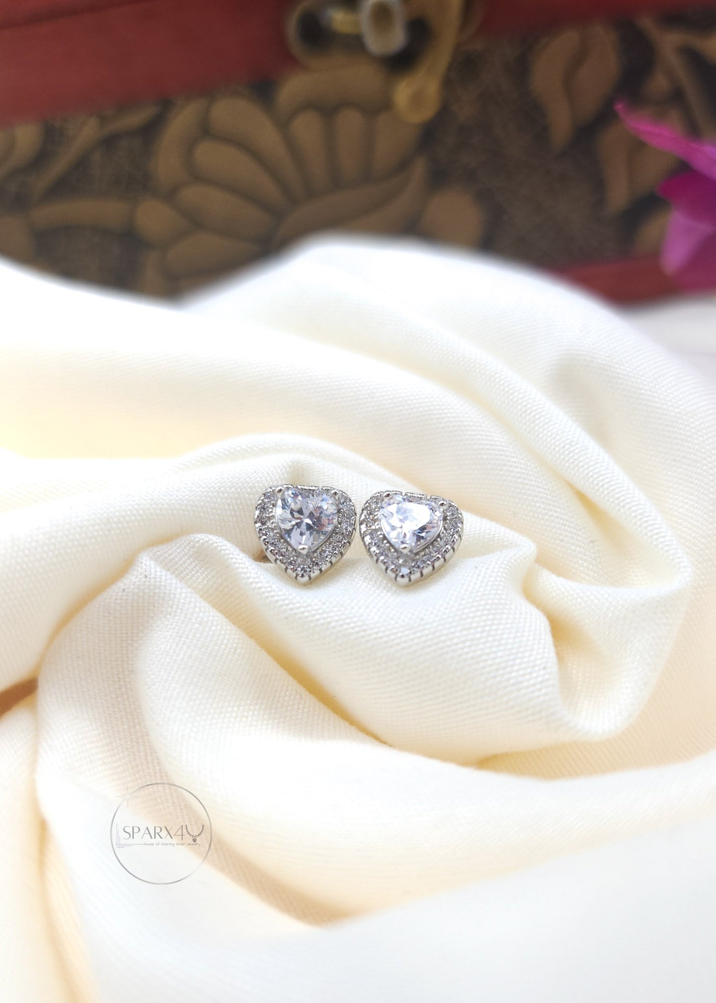 CZ HALO HEART STUD EARRING